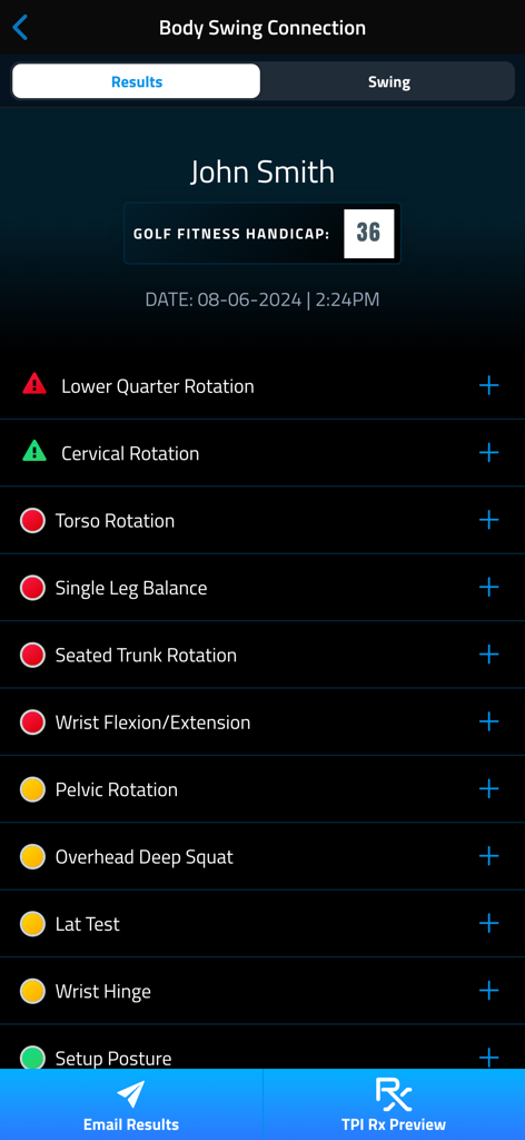 TPI Pro app dashboard showing golf fitness handicap and color-coded assessment results for a client.