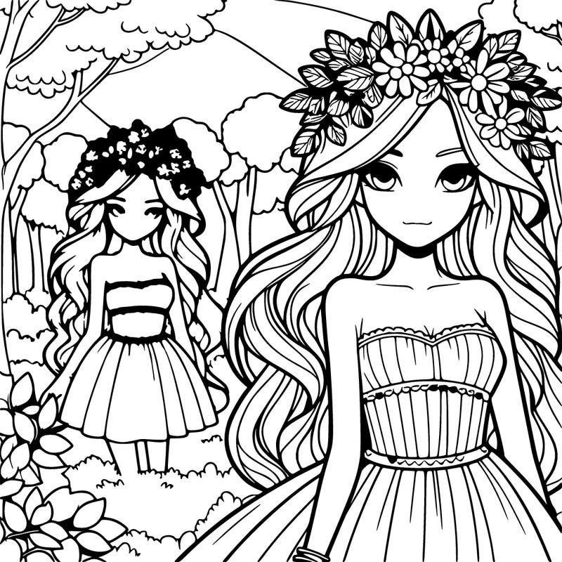 reistic girl with summer dress and has a flower crown and a woods background