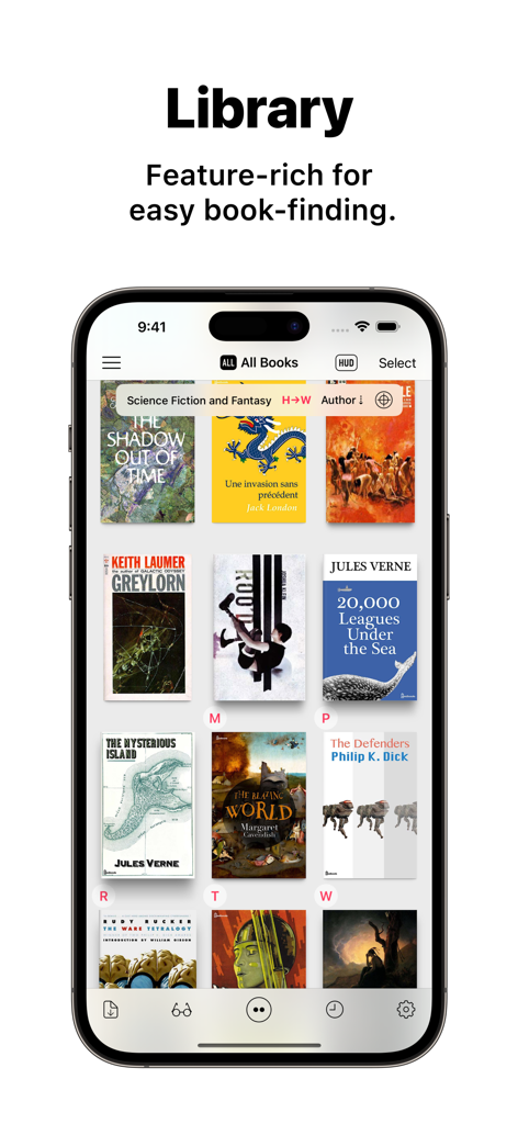 iPhone displaying the Booklover app library screen with a grid of book covers and library management features
