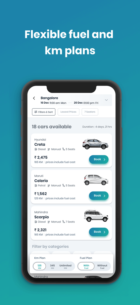 Revv - Self Drive Car Rental - Revv car rental mobile app interface showing car models like Creta and Scorpio with options for flexible fuel and kilometer plans