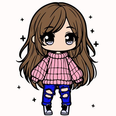 chibi girl with ripped jeans,long hair, and an oversized sweater