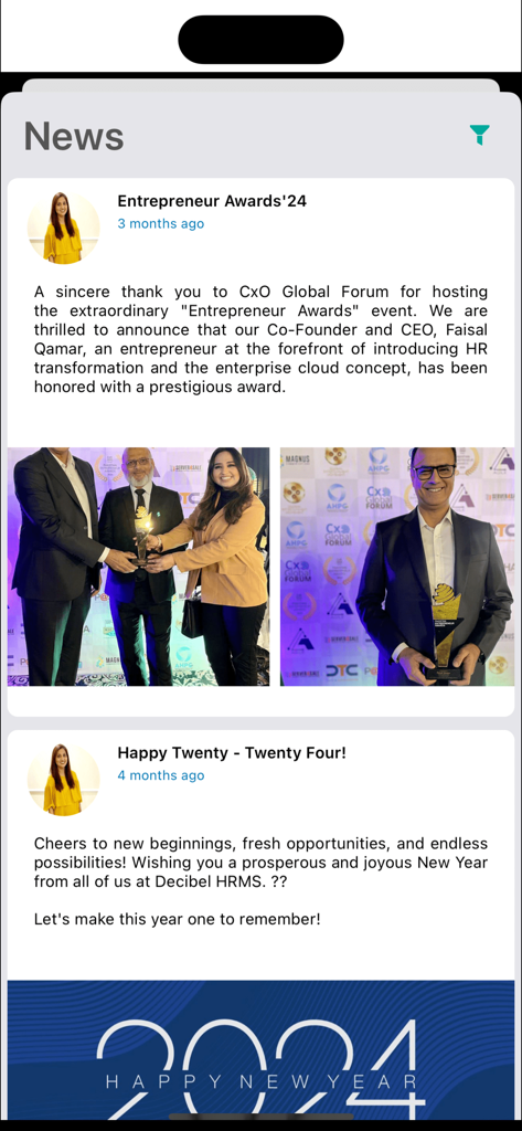 Decibel HRMS - Internal news and organizational updates section of the Decibel HRMS mobile app