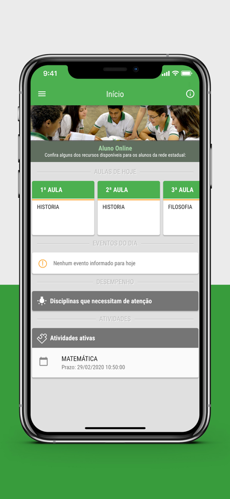 Aluno Online SEDUC-CE - Home dashboard of the Aluno Online SEDUC-CE mobile app displaying a student schedule and academic alerts