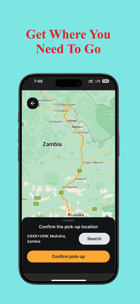 Bert Ride - Teléfono inteligente mostrando el mapa de la app Bert Ride con un botón para confirmar la ubicación de recogida.