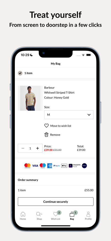Shopping bag screen in the FRASERS.com app showing a Barbour striped t-shirt and secure payment options.