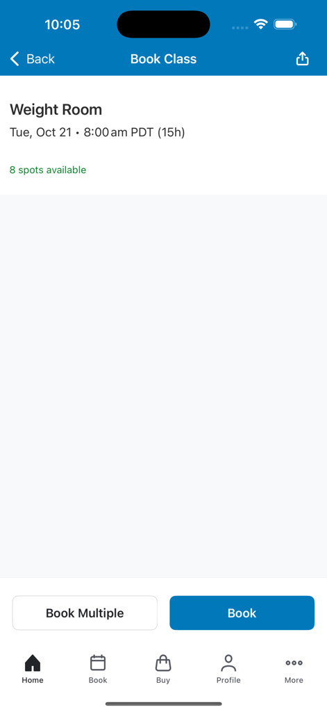 Prime Time Basketball Association mobile app screen for booking a weight room session with availability info