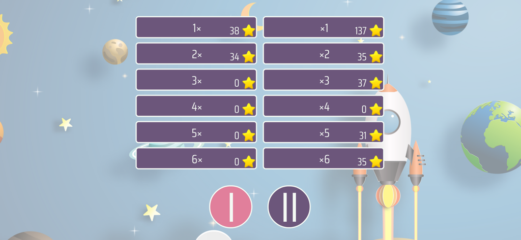 Times Tables 10x10 - Multiplication table selection screen with stars and rocket theme.