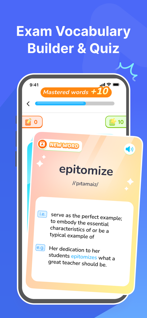 AlphaTest app interface showing a vocabulary builder flashcard for the SAT exam