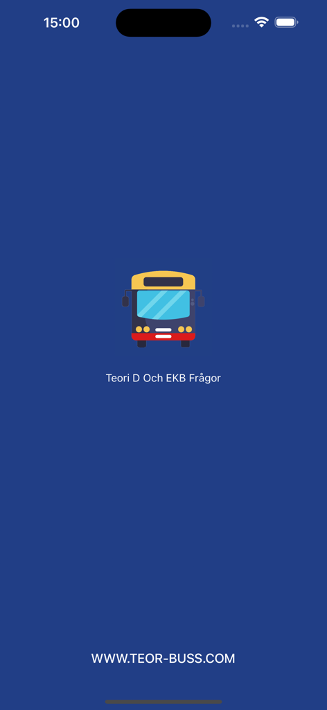 Splash screen of the Teori Buss D and YKB Frågor app featuring a bus illustration and study text on a blue background