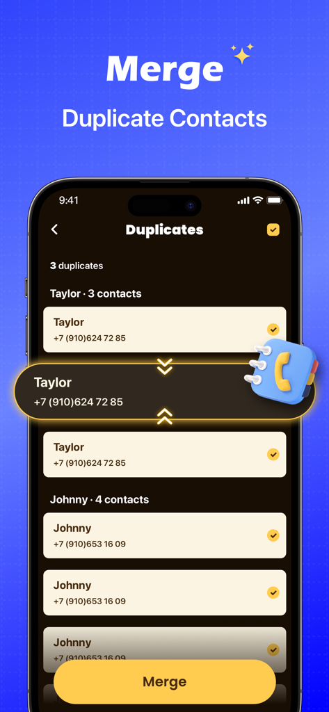 Boost Cleaner: Freeup Storage - Smartphone screen displaying the merge duplicate contacts feature of the Boost Cleaner app.