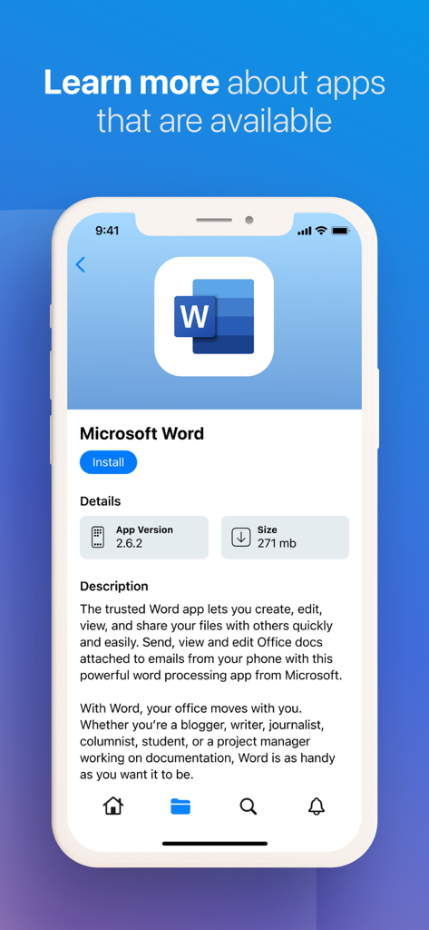 Captura de tela da página de detalhes do aplicativo Microsoft Word dentro do aplicativo móvel Jamf Self Service