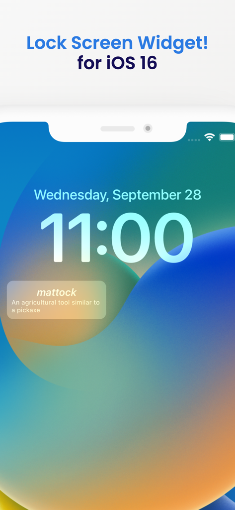 Word of the Day ‎ - Widget de tela de bloqueio do iOS 16 do Palavra do Dia mostrando a palavra 'mattock' e sua definição