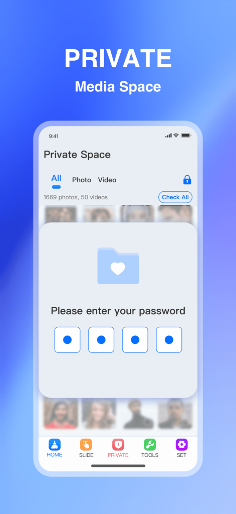 AI Cleaner-Clean Storage Space - AI Cleaner app private media vault with password protection screen