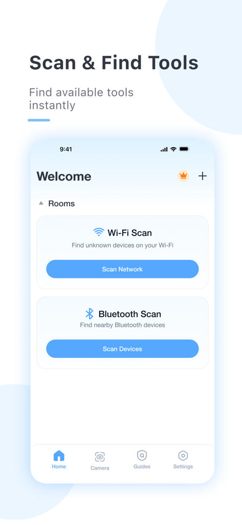 Yi iot + - Interface of the Yi iot plus app showing Wi-Fi and Bluetooth scanning tools for privacy protection.