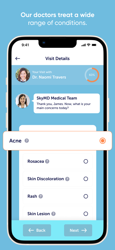 SkyMD 24/7 Telehealth - SkyMD 앱 인터페이스, 사용자가 피부과 질환 목록에서 여드름을 선택하는 원격 진료 상세 정보 화면 표시