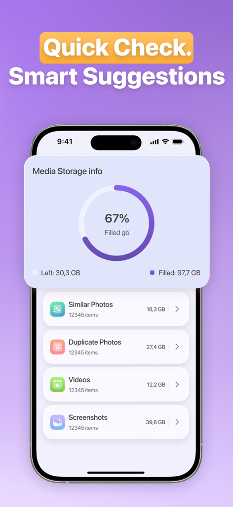Memorra Cleaner - Interface de l'application Memorra Cleaner affichant l'analyse du stockage multimédia et les suggestions de nettoyage pour iPhone