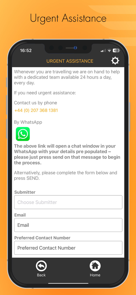 Urgent assistance screen of the ViewTrail app showing 24/7 support contact options