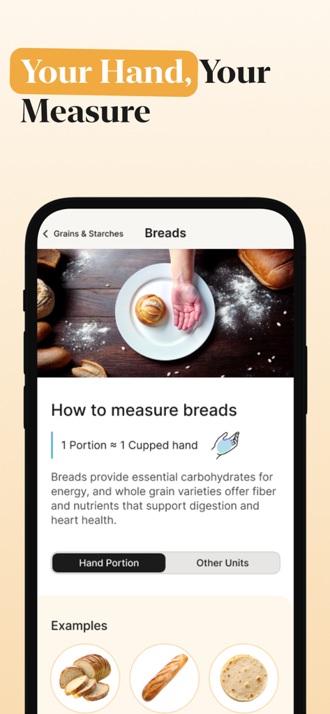 Mobile app screen demonstrating how to measure bread portions using a cupped hand as a visual guide.