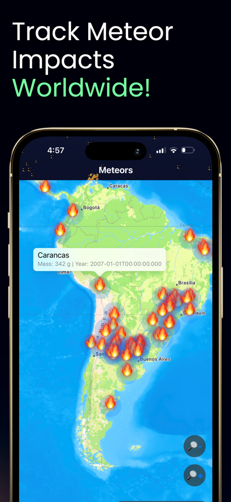 Space Explorer:Astronomy Guide - A mobile app screenshot showing a map of meteor impact sites in South America with specific data for the Carancas meteorite