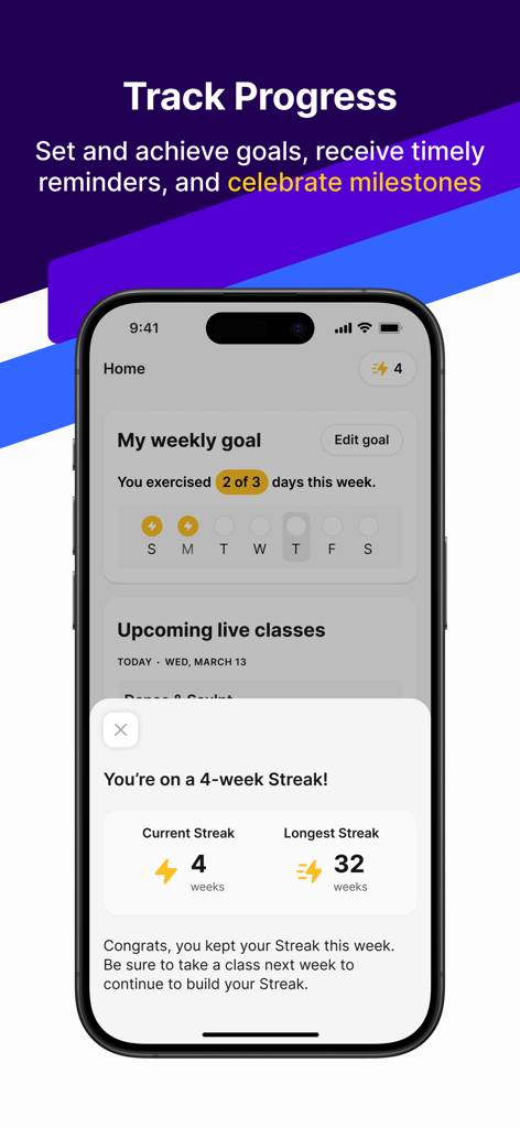Bold: Science-backed exercises - Bold app screen showing weekly exercise goals and a 4-week workout streak.