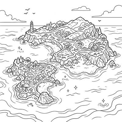 Embark on a captivating coloring journey with this intricate depiction of Continental Islands, where land meets sea in a symphony of natural beauty. This detailed scene invites you to bring vibrant life to its serene landscapes, from the towering lighthouse to the hidden coves.