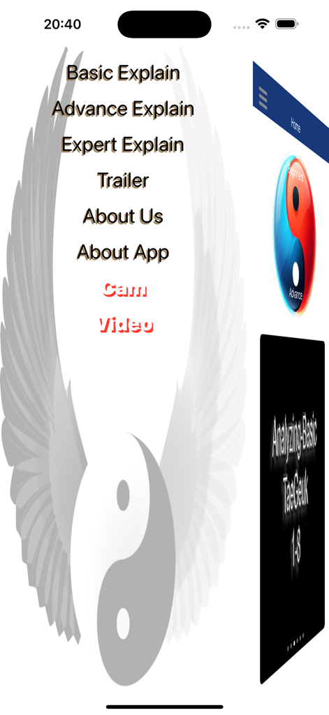 WTF Poomsae - Side navigation menu of the WTF Poomsae app showing options for basic, advanced and expert martial arts tutorials