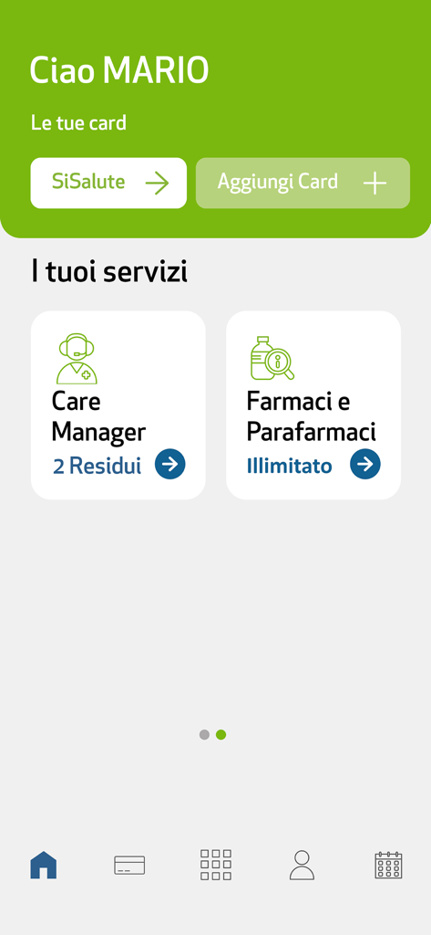 SiSalute Up - Dashboard dell'app mobile SiSalute Up che mostra servizi sanitari e tessere sanitarie attive