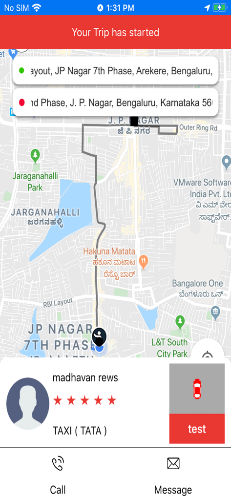 Taximandu - Captura de pantalla de la aplicación Taximandu que muestra un mapa de seguimiento de viaje en vivo y detalles del perfil del conductor.