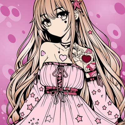 realistic anime girl with long hair star heart tattoos with a fabric dress