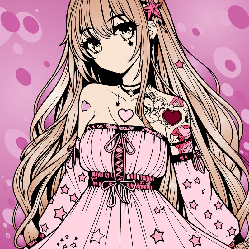 realistic anime girl with long hair star heart tattoos with a fabric dress