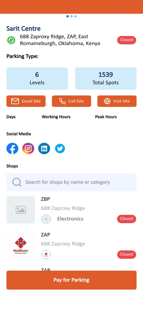 Evopay Africa - Evopay AfricaアプリでSarit Centreの駐車空き状況と店舗情報を示すモバイルアプリ画面