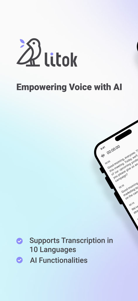 Litok: Record with AI summary - Litok app splash screen featuring the bird logo and AI voice transcription features