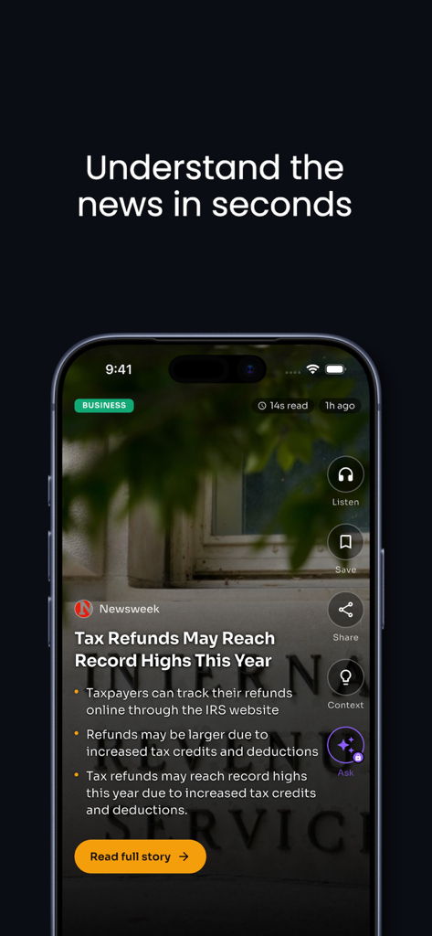 Briefly: News in Seconds - Smartphone displaying a business news summary in the Briefly app with three bullet points and interactive features