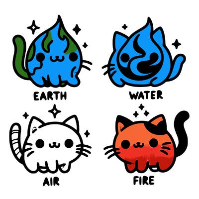 4 cats that represent the different elements, earth, water, air, and fire