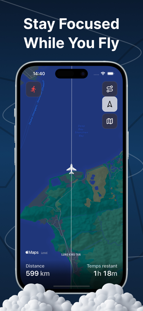 Focus Study Timer - FlightMode - 모바일 앱 인터페이스는 가상 비행 지도와 집중 타이머를 보여줍니다