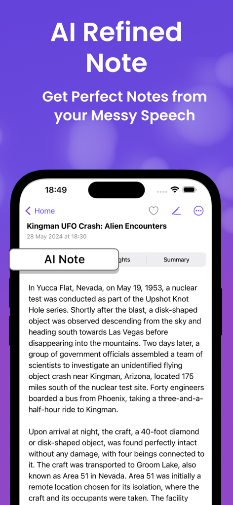 Bildschirm eines Smartphones, das eine KI-optimierte Notiz zeigt, die aus Sprache in der Transcribe AI App generiert wurde.