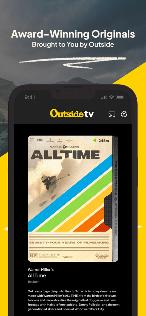 Outside TV: Live Sports & More - Pantalla de la aplicación Outside TV con películas originales de Warren Miller