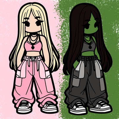 girl in baggy pants crop top and long hair