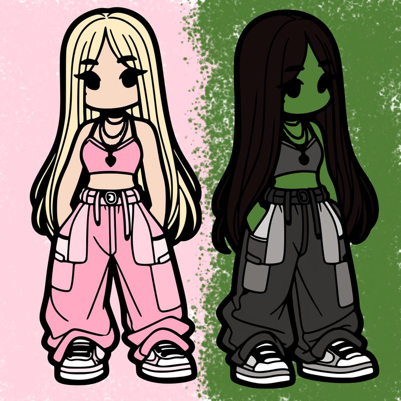 girl in baggy pants crop top and long hair