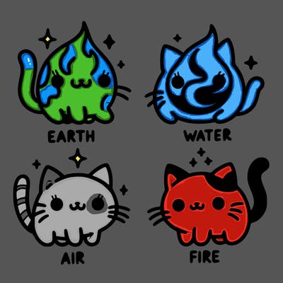 4 cats that represent the different elements, earth, water, air, and fire