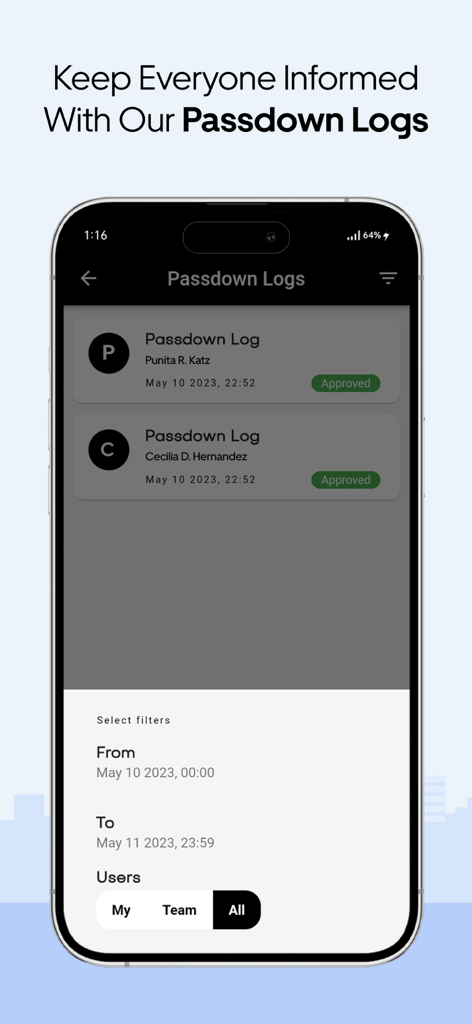 A mobile interface of the Security Guard App showing a list of approved passdown logs with filtering options for dates and users.