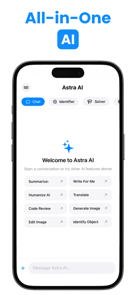 AI Assistant All-In-One: Astra - Pantalla de inicio de Astra AI Assistant que muestra múltiples herramientas como chat IA, generación de imágenes y identificación de objetos.
