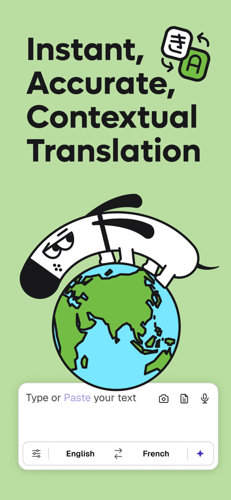 Kagi Translate 앱 홈 화면에 지구본에 만화 강아지 마스코트와 텍스트 '즉각적이고 정확한 맥락 번역'