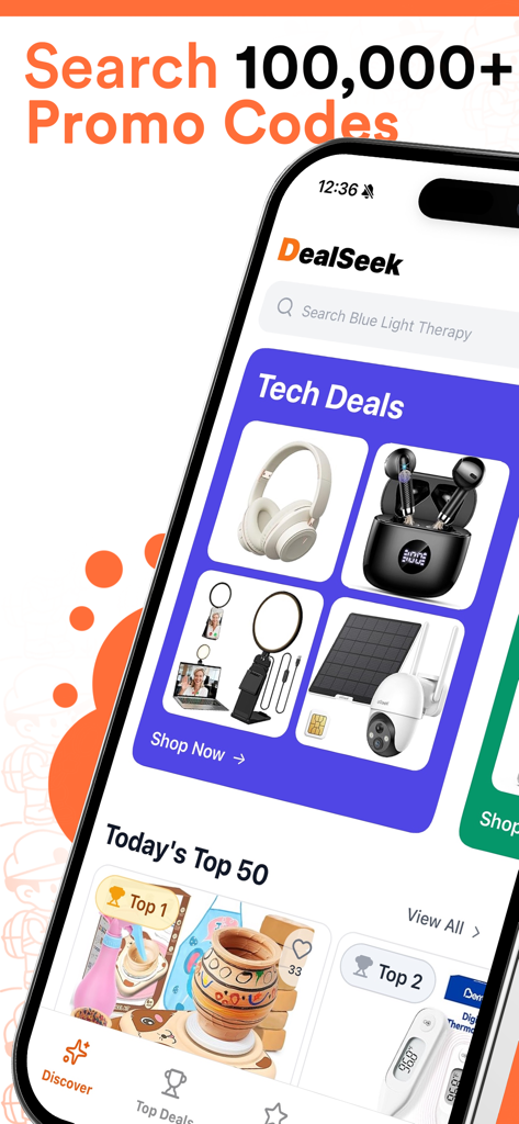 Interfaz de la aplicación DealSeek que muestra descuentos en tecnología y una barra de búsqueda para más de 100.000 códigos promocionales