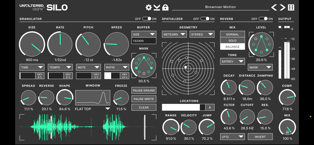 Silo - Granulator and Reverb - 그래뉼레이터 공간화 및 리버브 컨트롤을 특징으로 하는 Silo 음악 제작 앱 사용자 인터페이스