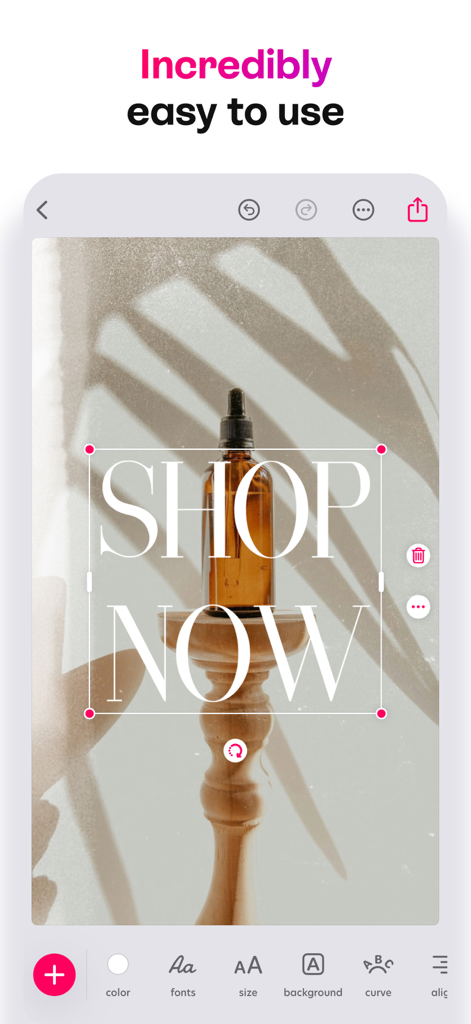 Bazaart app user interface showing a product photo with Shop Now text.