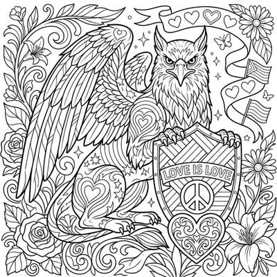 Embrace the spirit of Pride Month with this magnificent Guardian Griffin coloring page, symbolizing protection and unconditional love. Its intricate design, featuring hearts, flags, and the powerful 'LOVE IS LOVE' message, offers a meaningful and engaging coloring experience.