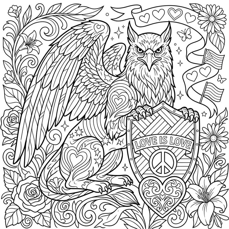 Embrace the spirit of Pride Month with this magnificent Guardian Griffin coloring page, symbolizing protection and unconditional love. Its intricate design, featuring hearts, flags, and the powerful 'LOVE IS LOVE' message, offers a meaningful and engaging coloring experience.
