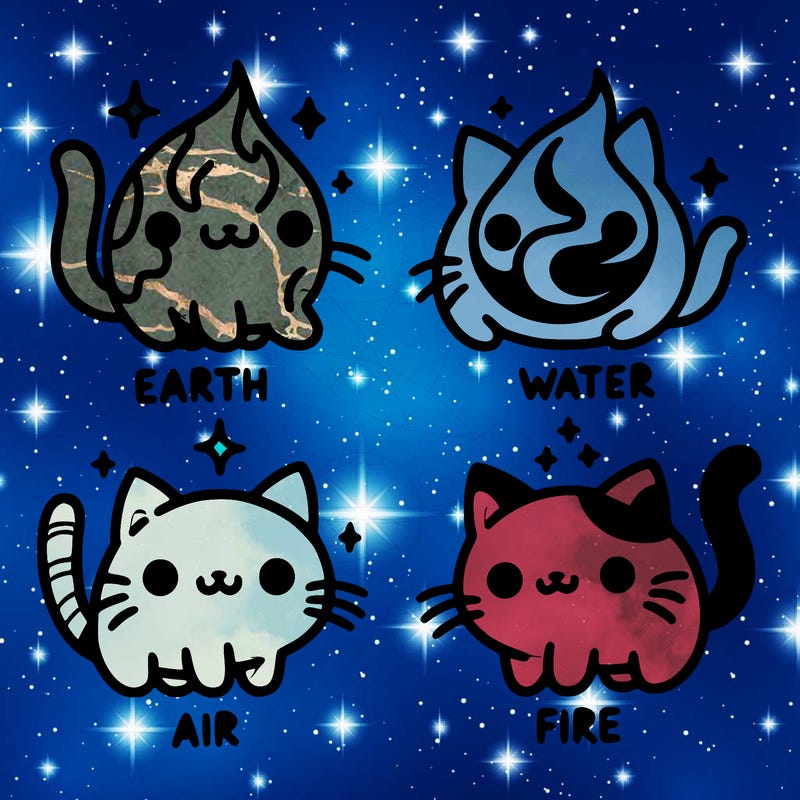 4 cats that represent the different elements, earth, water, air, and fire