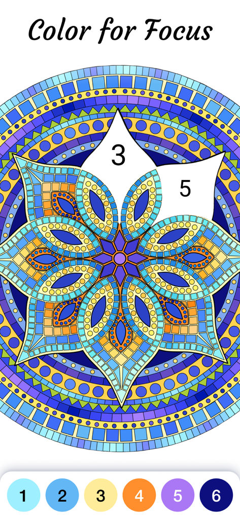 Eine blau-gelbe Mandala-Malvorlage in der Zen Color App mit einer Mal-nach-Zahlen-Palette